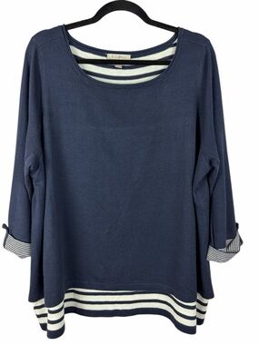 Roz & Ali Navy Stripe Layered Look Sweater Top Back Slit Size 2X